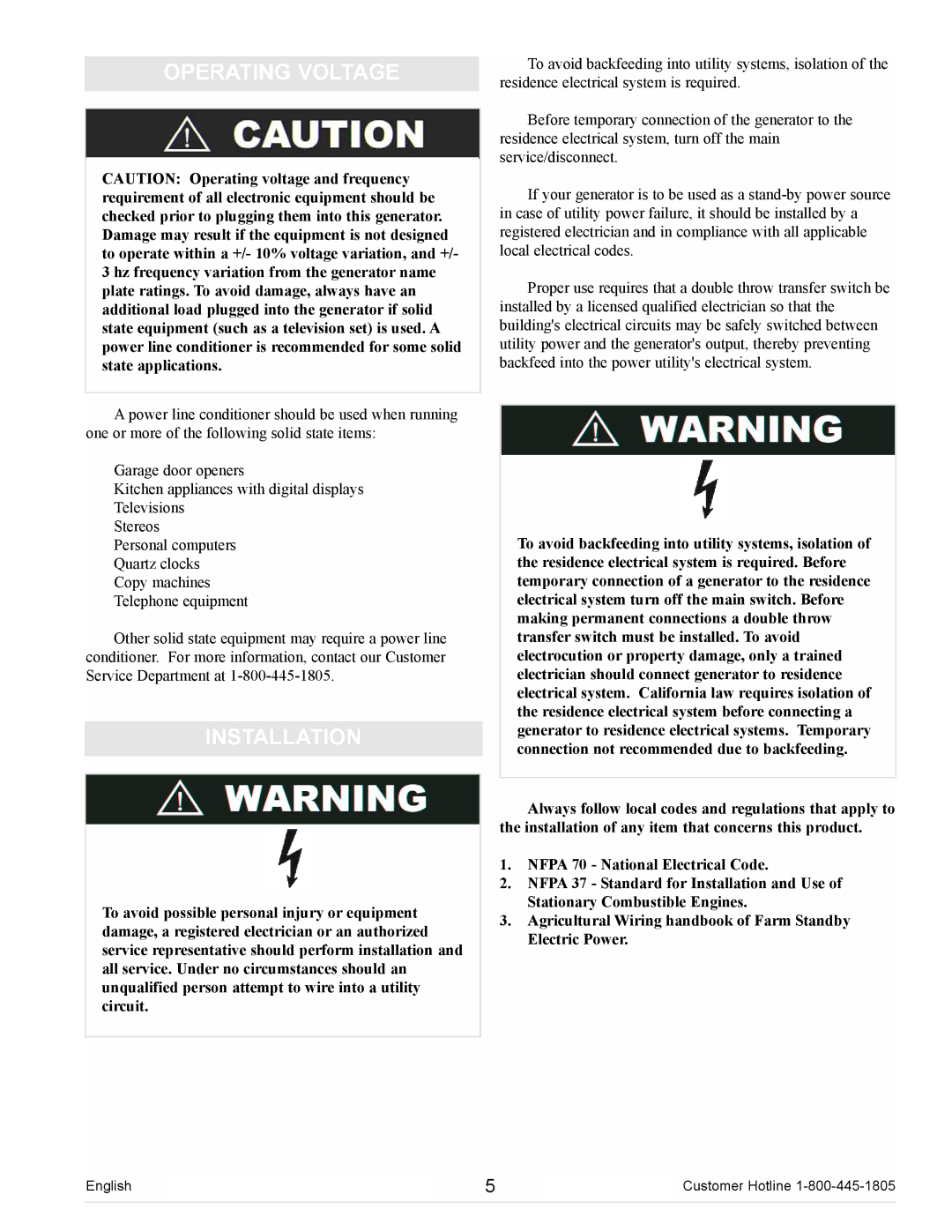 Powermate PC0102300 manual Operating Voltage, Installation 