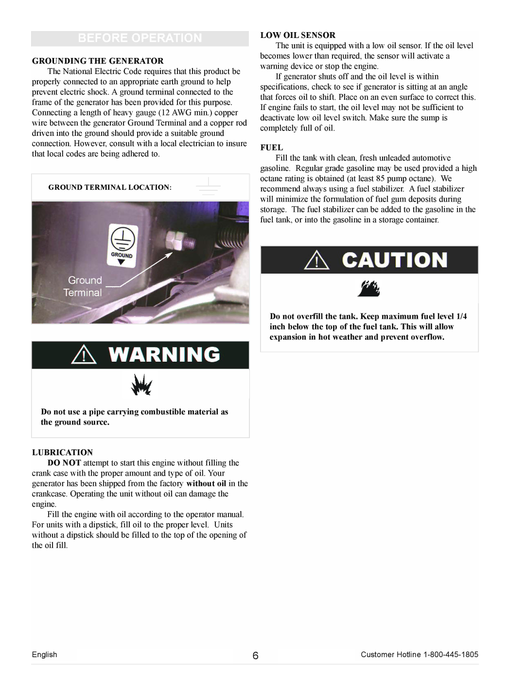 Powermate PC0102300 manual Before Operation, Grounding the Generator, LOW OIL Sensor, Fuel, Lubrication 