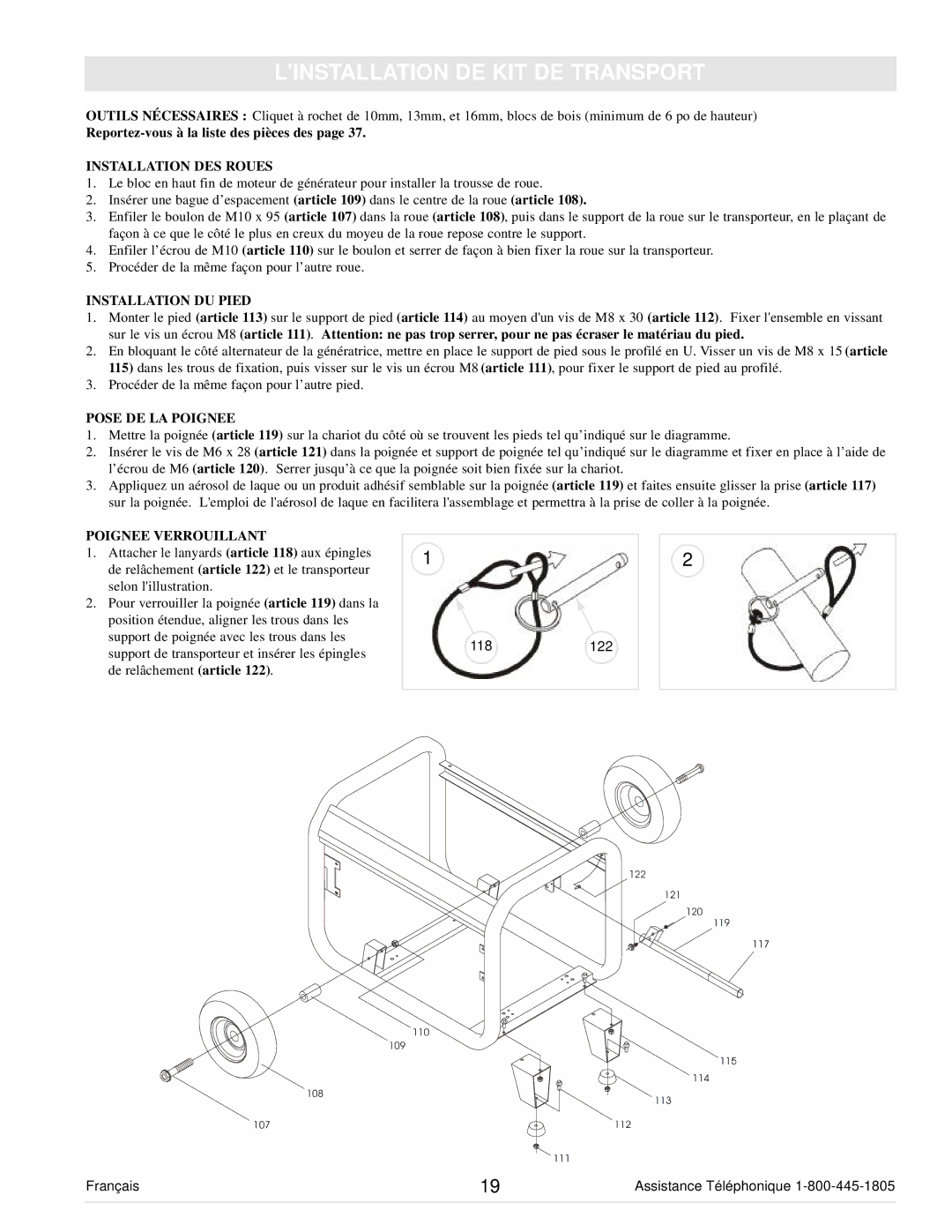 Powermate PC0105000 manual Linstallation DE KIT DE Transport, Installation DES Roues 