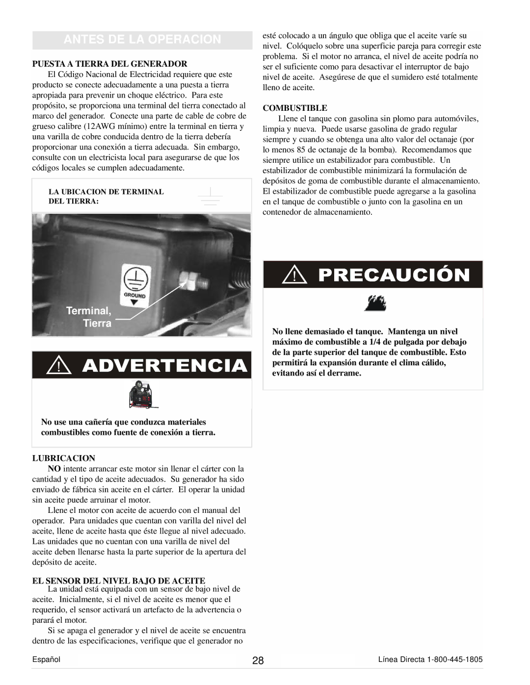 Powermate PC0105000 Antes DE LA Operacion, Puesta a Tierra DEL Generador, Lubricacion, EL Sensor DEL Nivel Bajo DE Aceite 