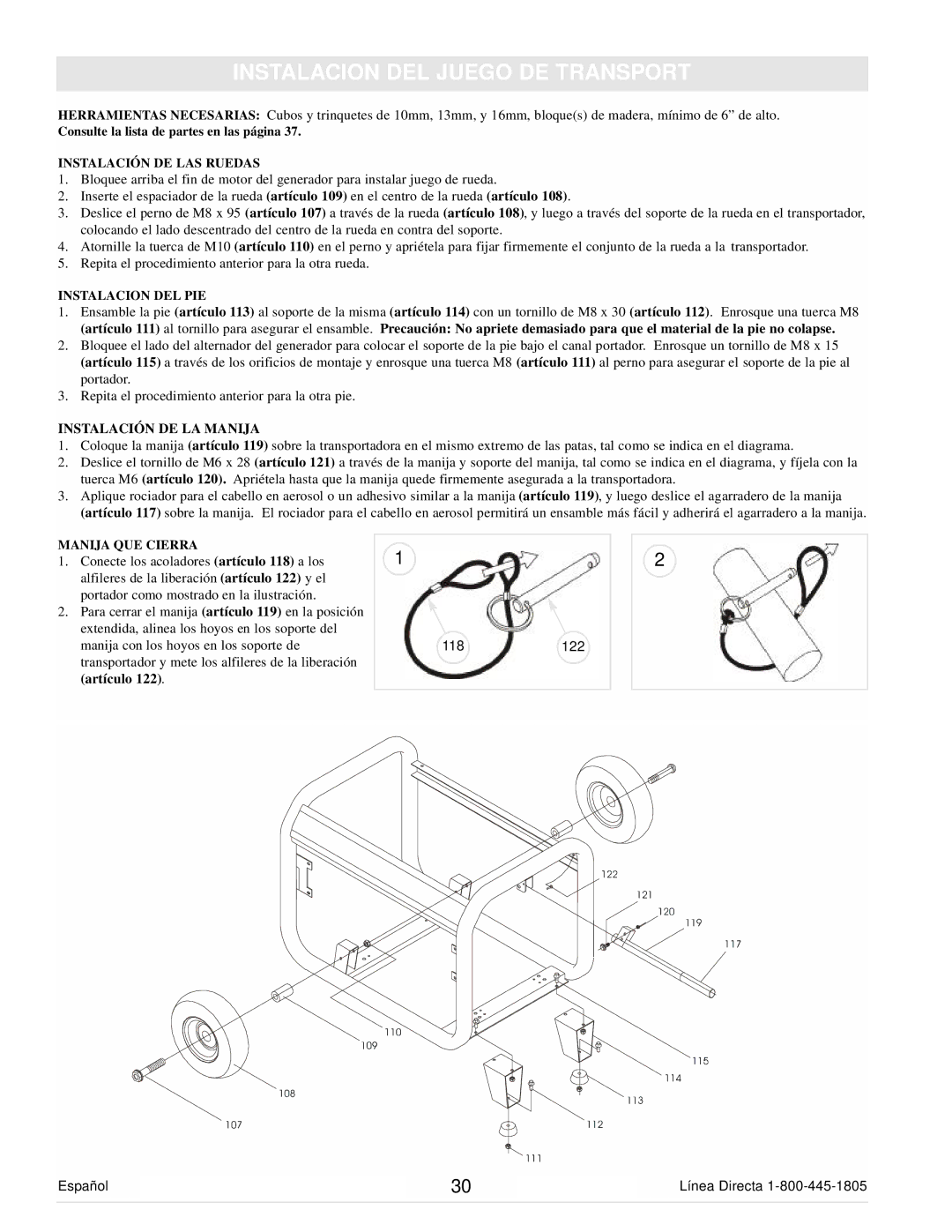 Powermate PC0105000 manual Instalacion DEL Juego DE Transport, Instalación DE LA Manija 