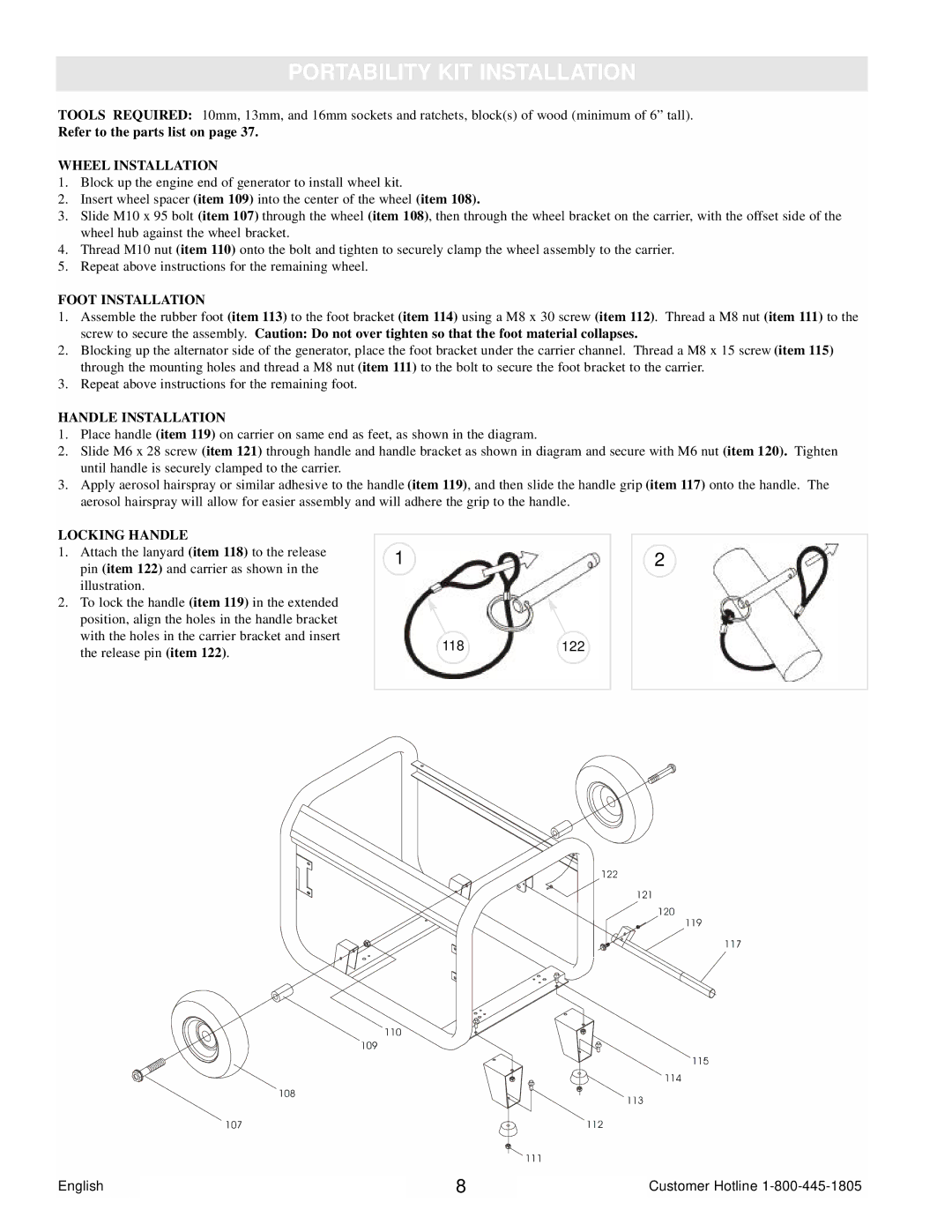 Powermate PC0105000 manual Portability KIT Installation, Wheel Installation 