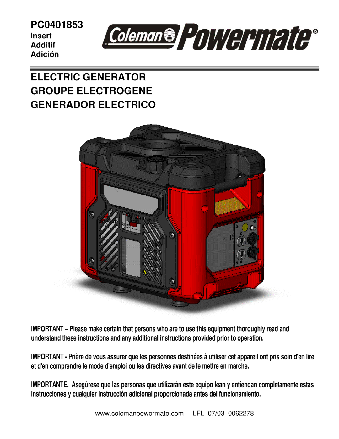 Powermate PC0401853 manual Electric Generator Groupe Electrogene Generador Electrico 