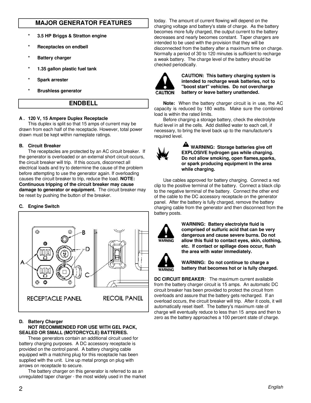 Powermate PC0401853 manual Major Generator Features, Endbell, 120 V, 15 Ampere Duplex Receptacle, Circuit Breaker 