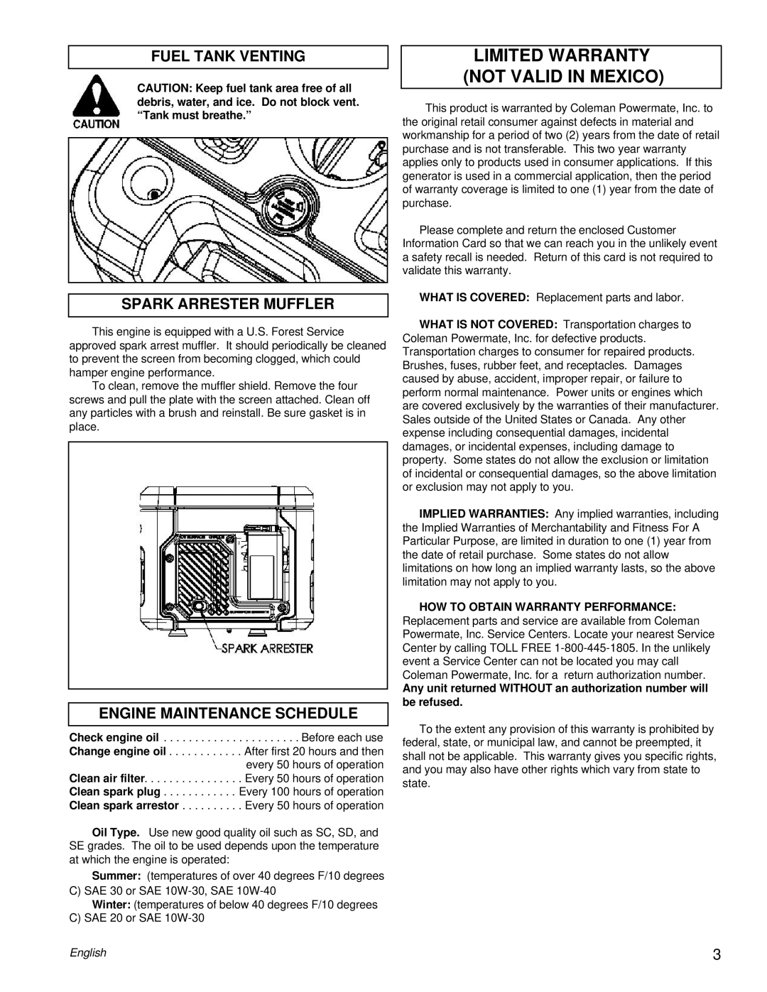 Powermate PC0401853 manual Fuel Tank Venting Spark Arrester Muffler, Engine Maintenance Schedule 