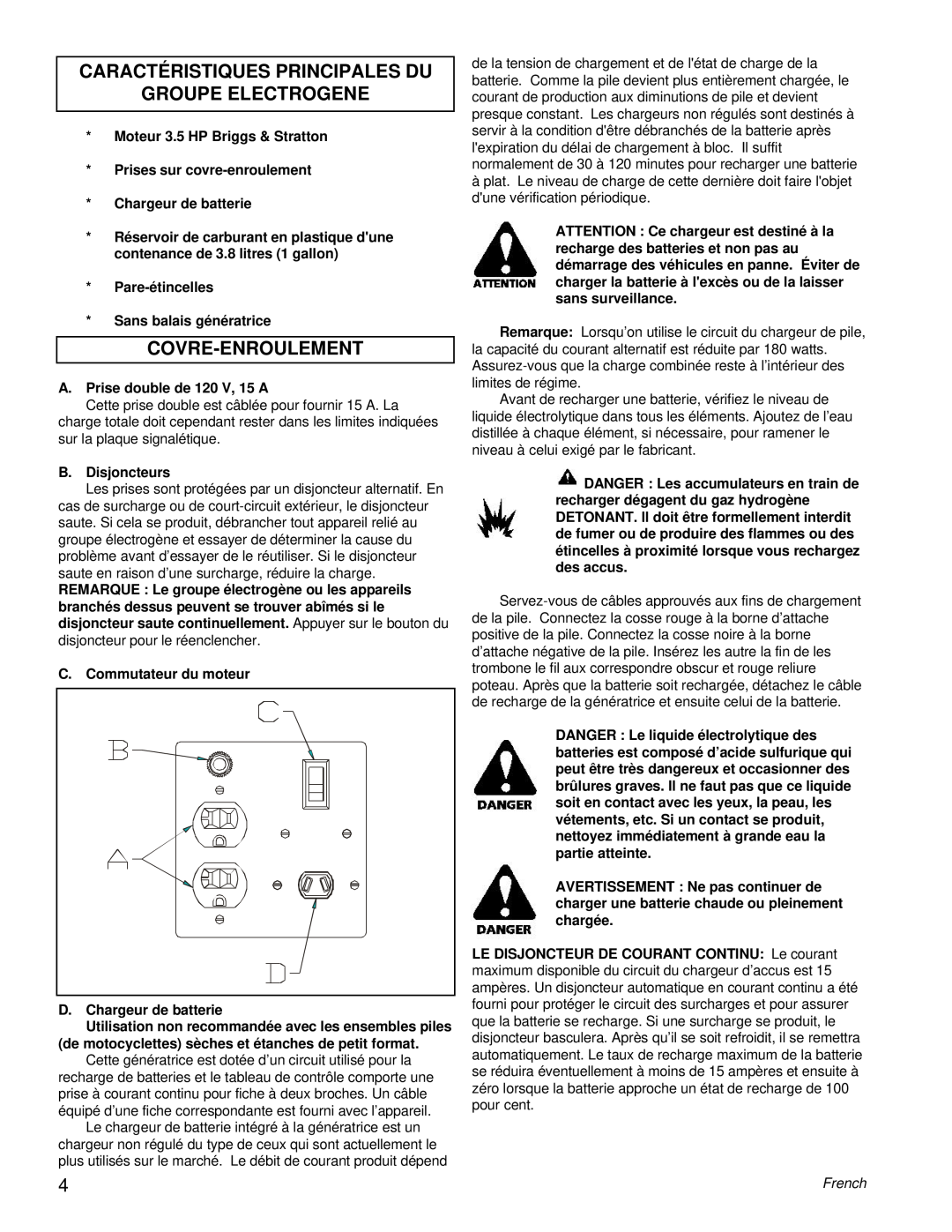 Powermate PC0401855 manual Caractéristiques Principales Du, Groupe Electrogene, Covre-Enroulement 
