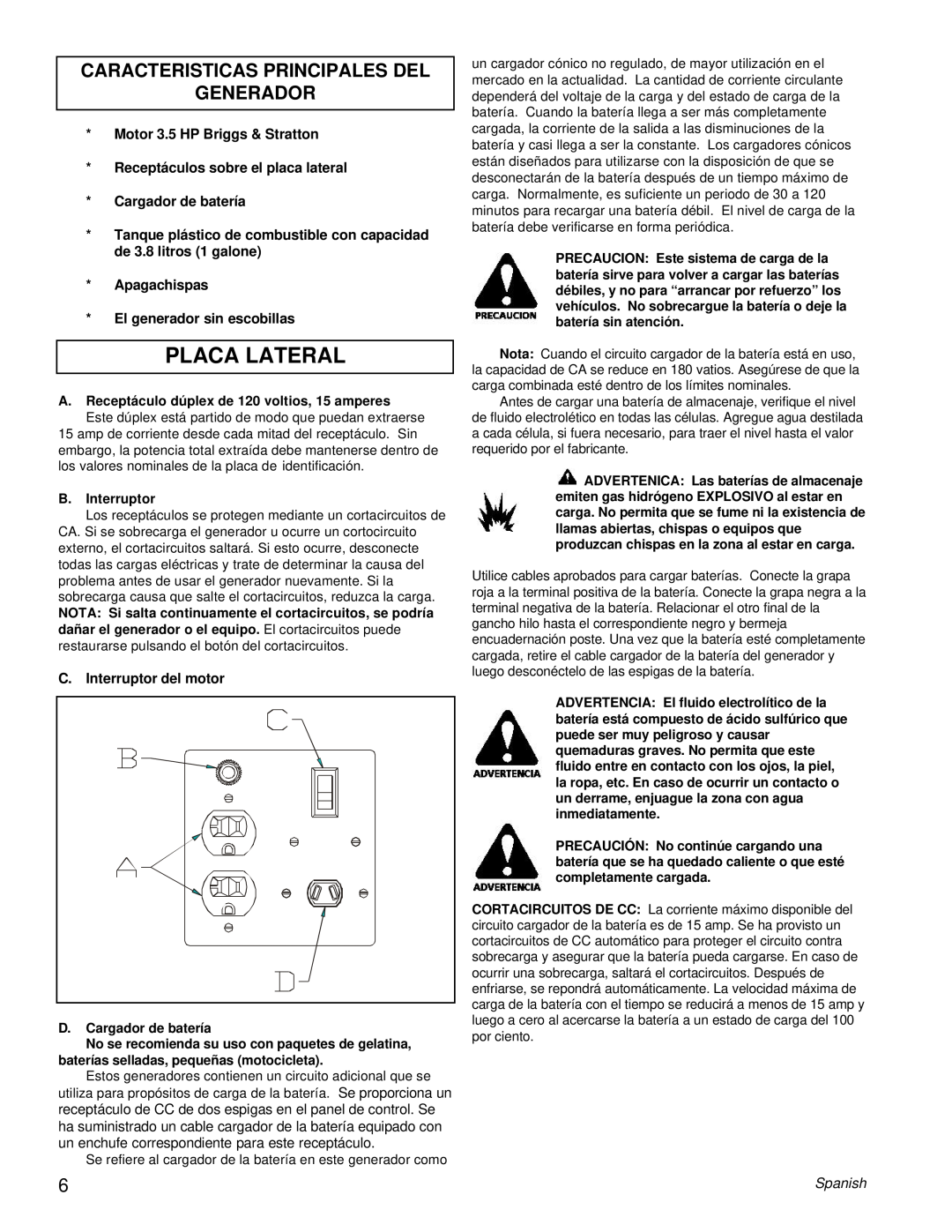 Powermate PC0401855 manual Placa Lateral, Caracteristicas Principales Del Generador 