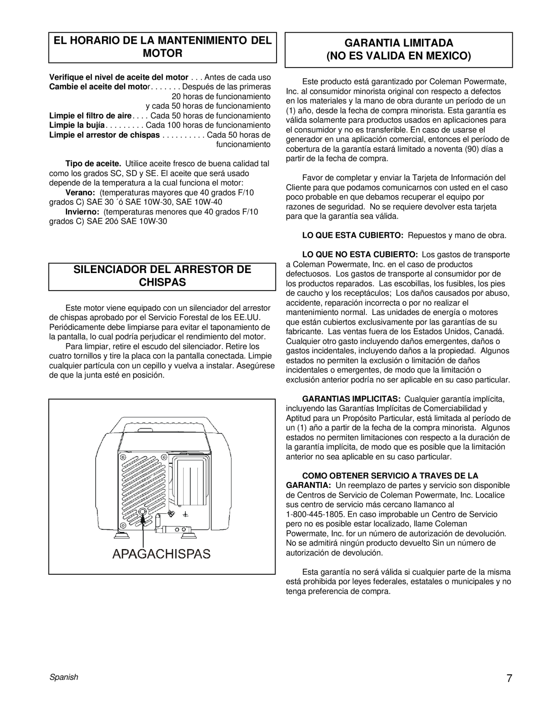 Powermate PC0401855 manual El Horario De La Mantenimiento Del Motor, Silenciador Del Arrestor De Chispas, Spanish 