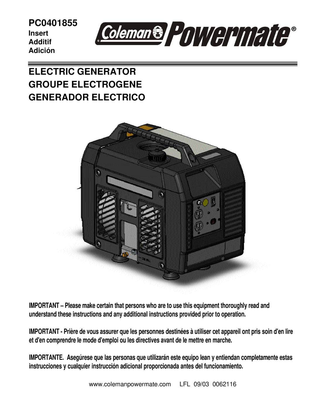 Powermate PC0401855 manual Electric Generator Groupe Electrogene Generador Electrico 