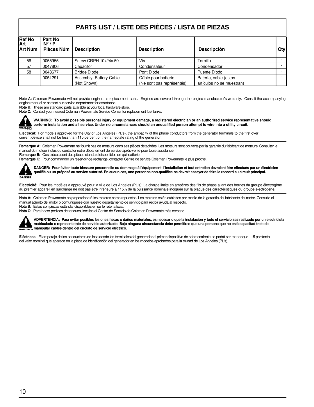 Powermate PC0401855 manual Parts List / Liste DES Pièces / Lista DE Piezas 