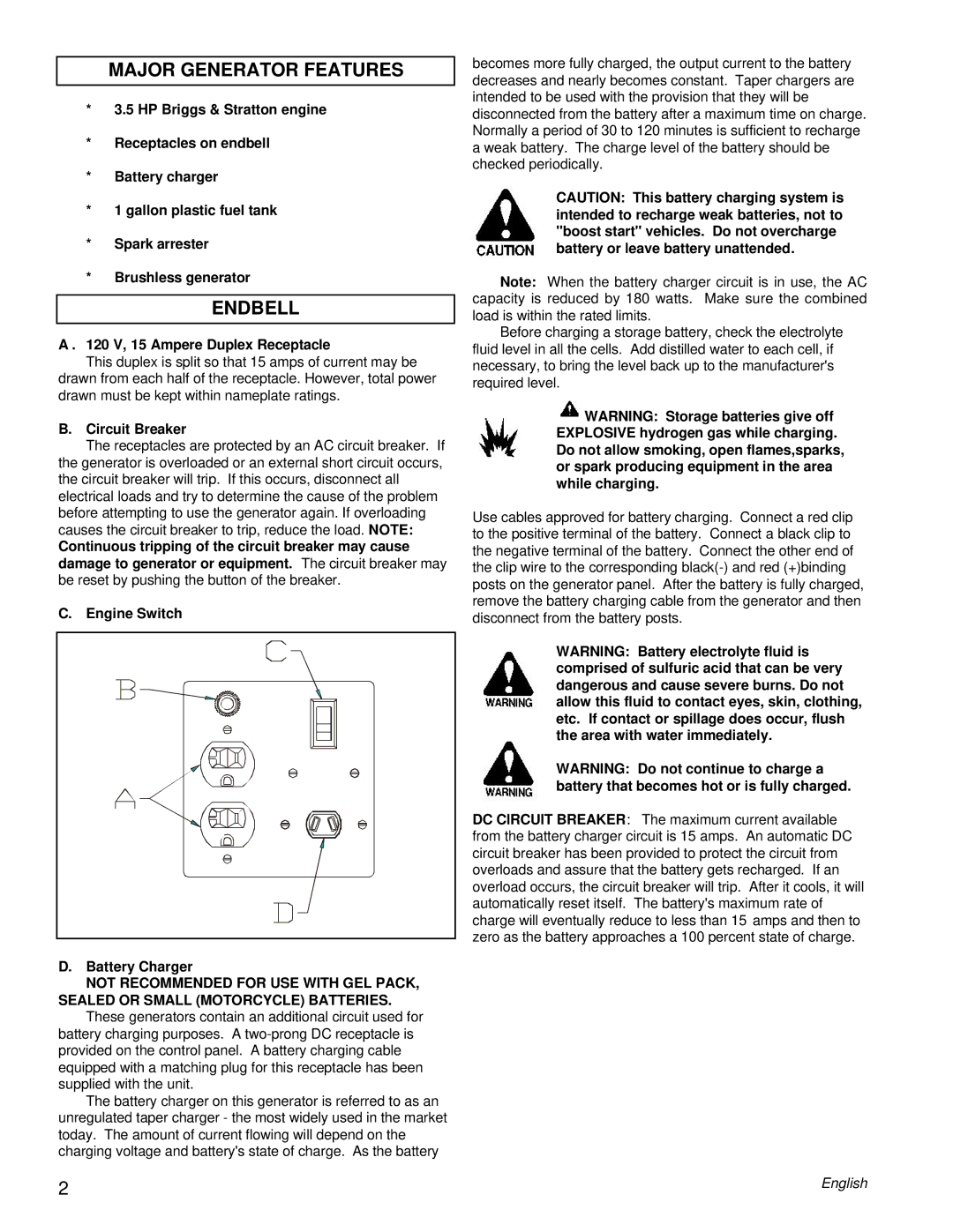 Powermate PC0401855 manual Major Generator Features, Endbell, 120 V, 15 Ampere Duplex Receptacle, Circuit Breaker 