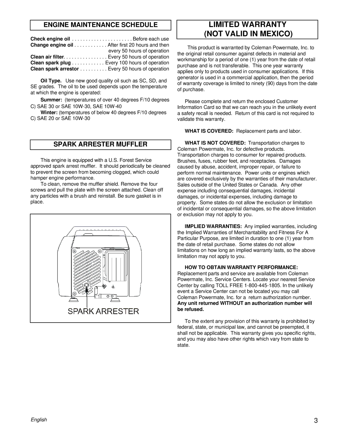 Powermate PC0401855 manual Engine Maintenance Schedule, Spark Arrester Muffler 