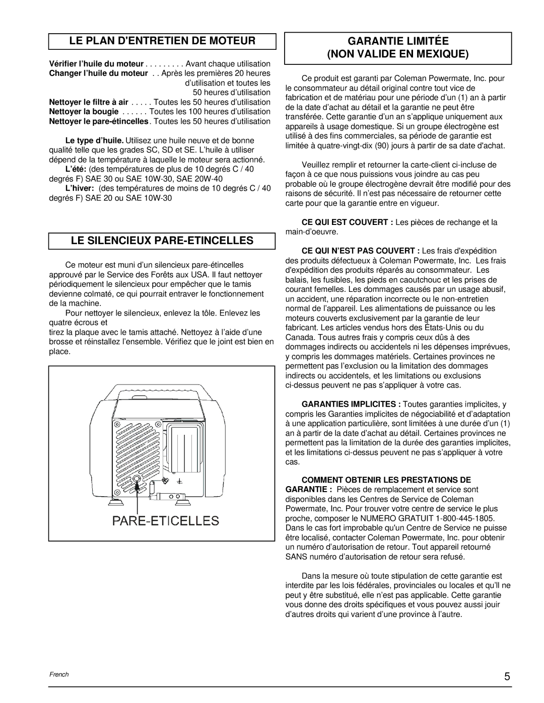 Powermate PC0401855 LE Plan Dentretien DE Moteur, Garantie Limitée NON Valide EN Mexique, LE Silencieux PARE-ETINCELLES 