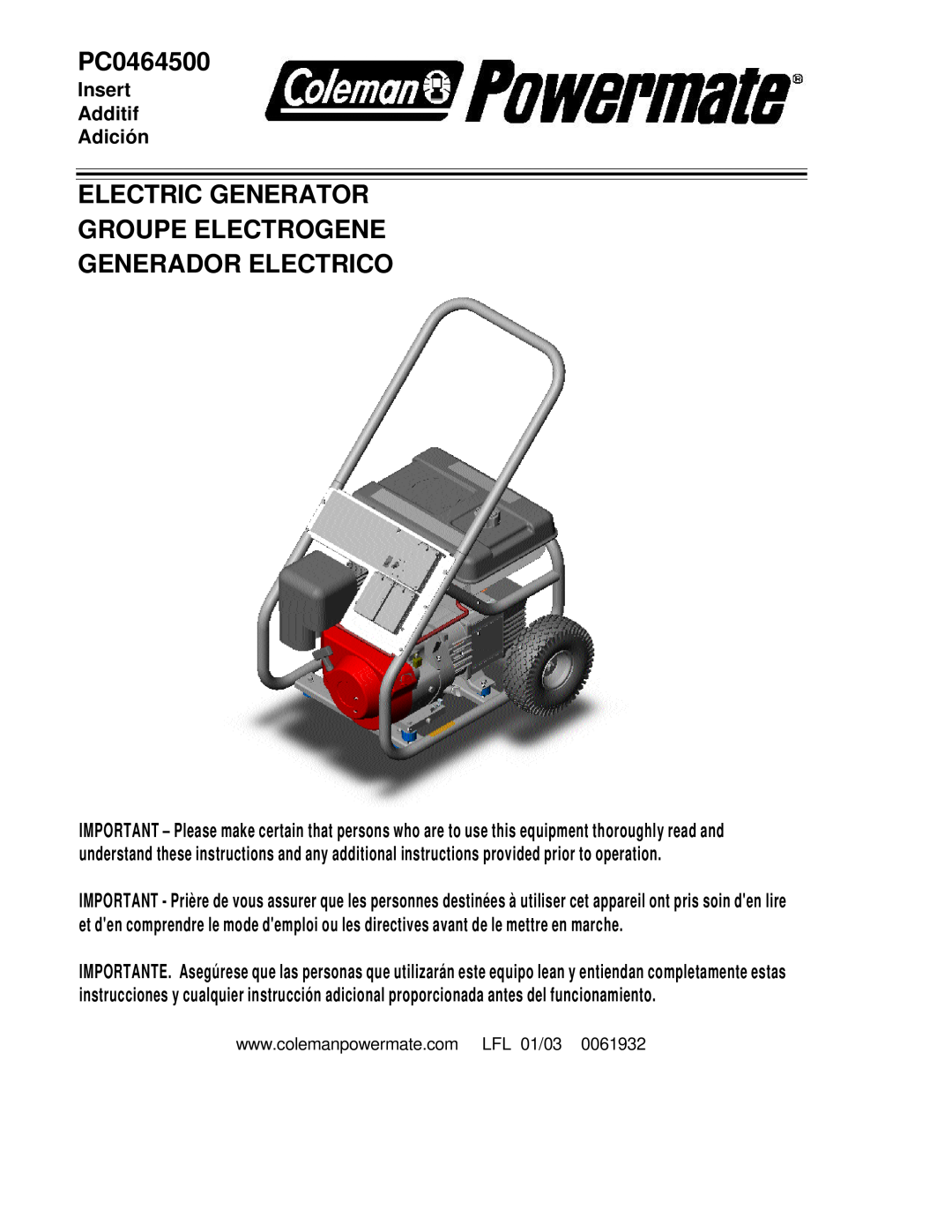 Powermate PC0464500 manual Electric Generator Groupe Electrogene, Generador Electrico, Insert Additif Adición 