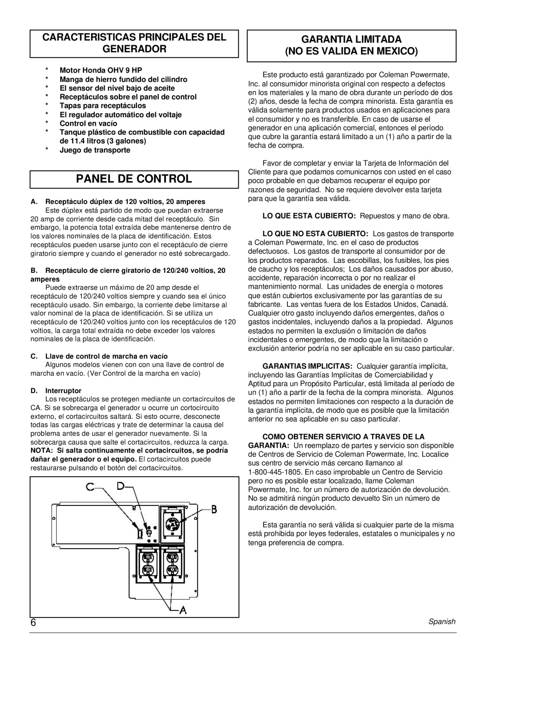 Powermate PC0464500 Panel De Control, Caracteristicas Principales Del Generador, Garantia Limitada No Es Valida En Mexico 