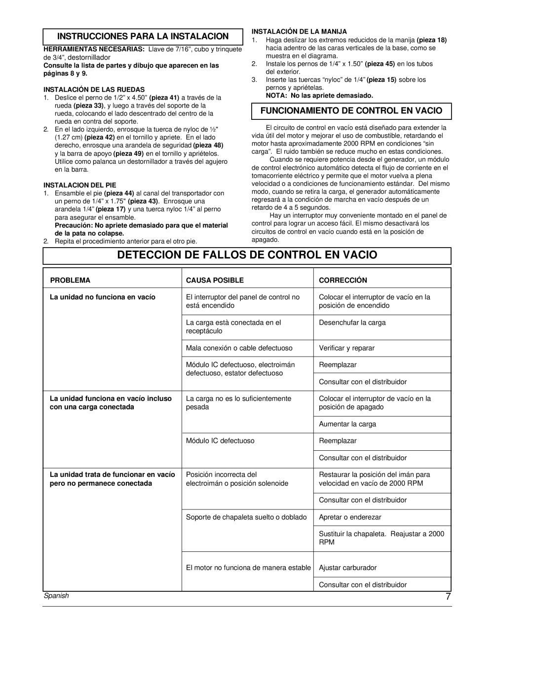 Powermate PC0464500 manual Deteccion De Fallos De Control En Vacio, Instrucciones Para La Instalacion, Spanish 