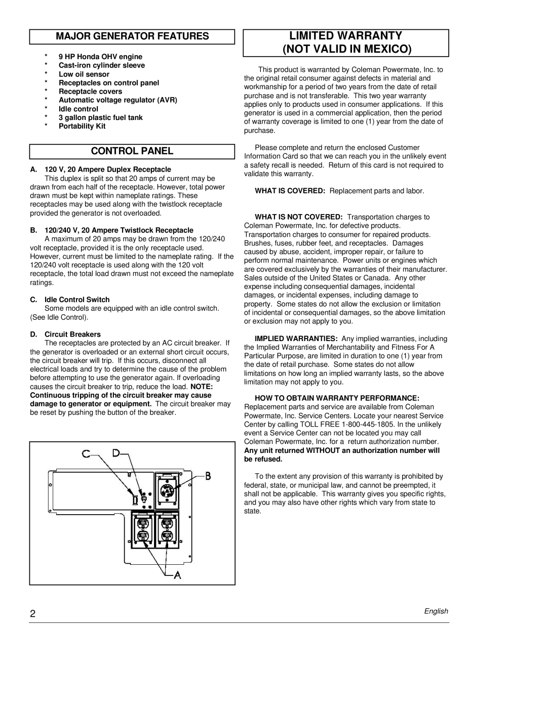 Powermate PC0464500 manual Limited Warranty not Valid in Mexico, Major Generator Features, Control Panel 