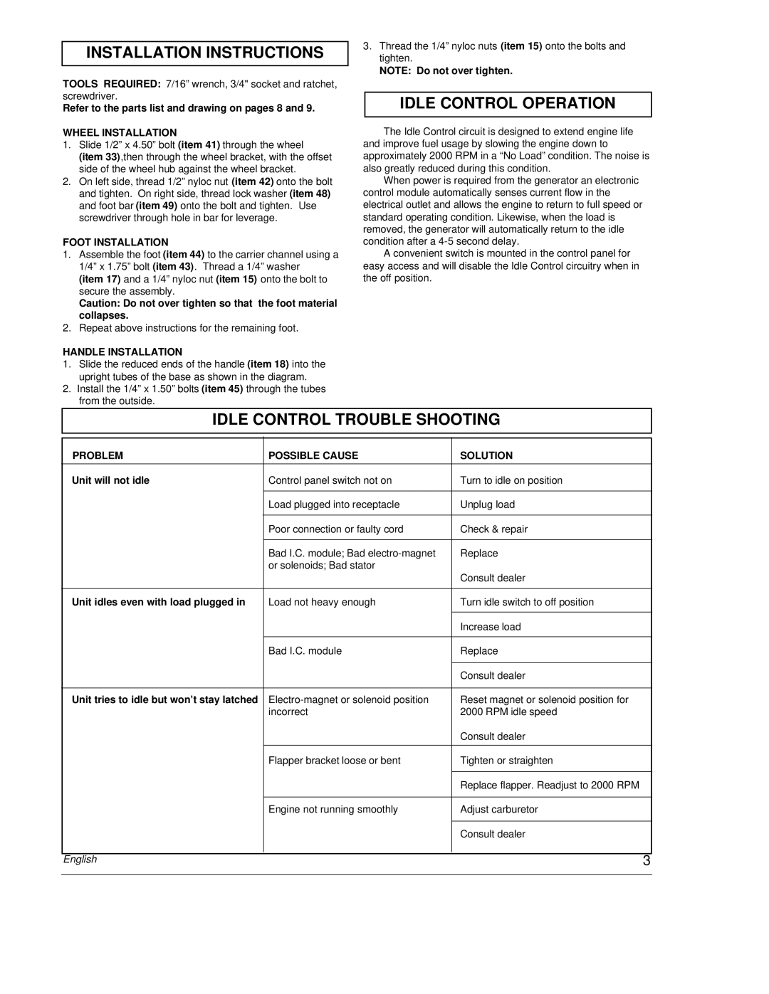 Powermate PC0464500 manual Installation Instructions, Idle Control Operation, Idle Control Trouble Shooting 