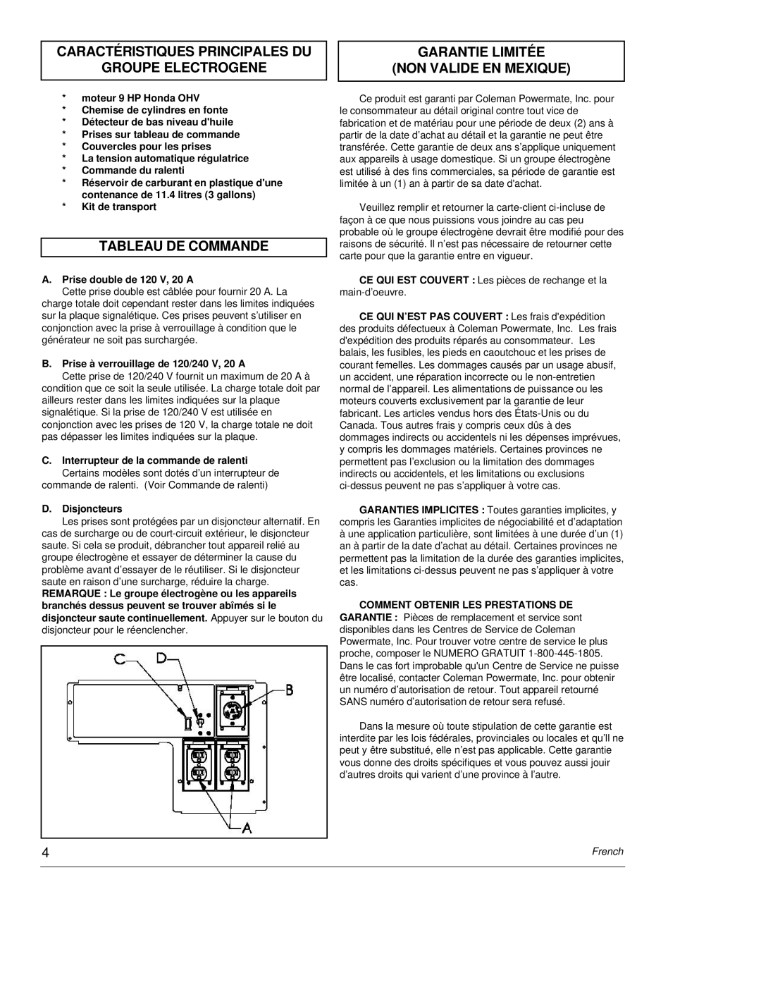 Powermate PC0464500 manual Caractéristiques Principales DU Groupe Electrogene, Tableau DE Commande 