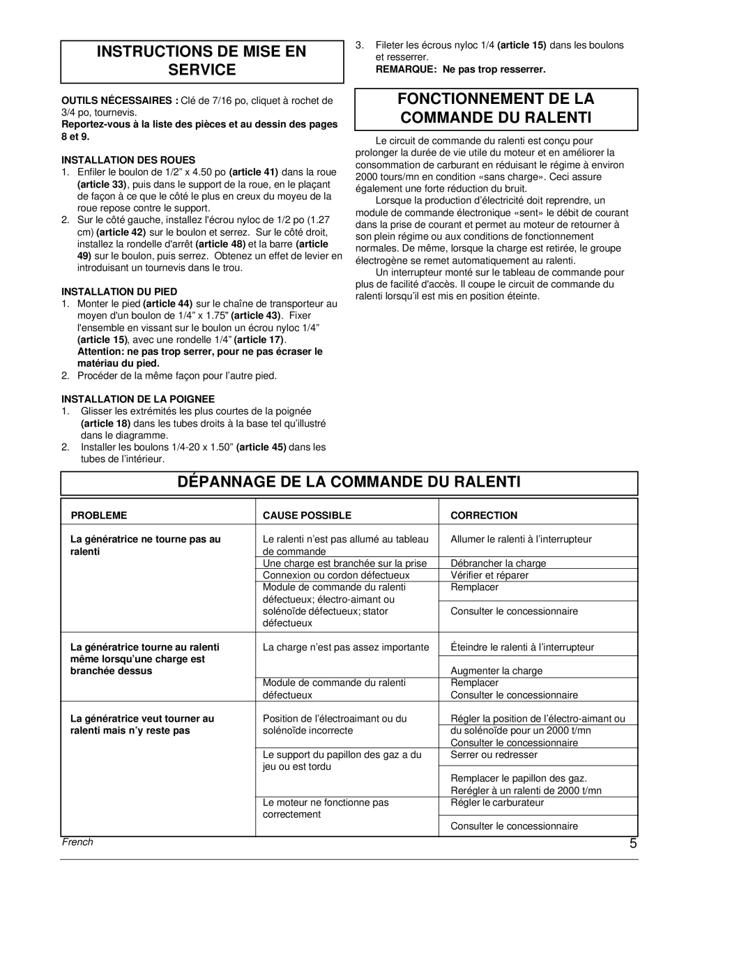 Powermate PC0464500 manual Instructions DE Mise EN Service, Fonctionnement DE LA Commande DU Ralenti 