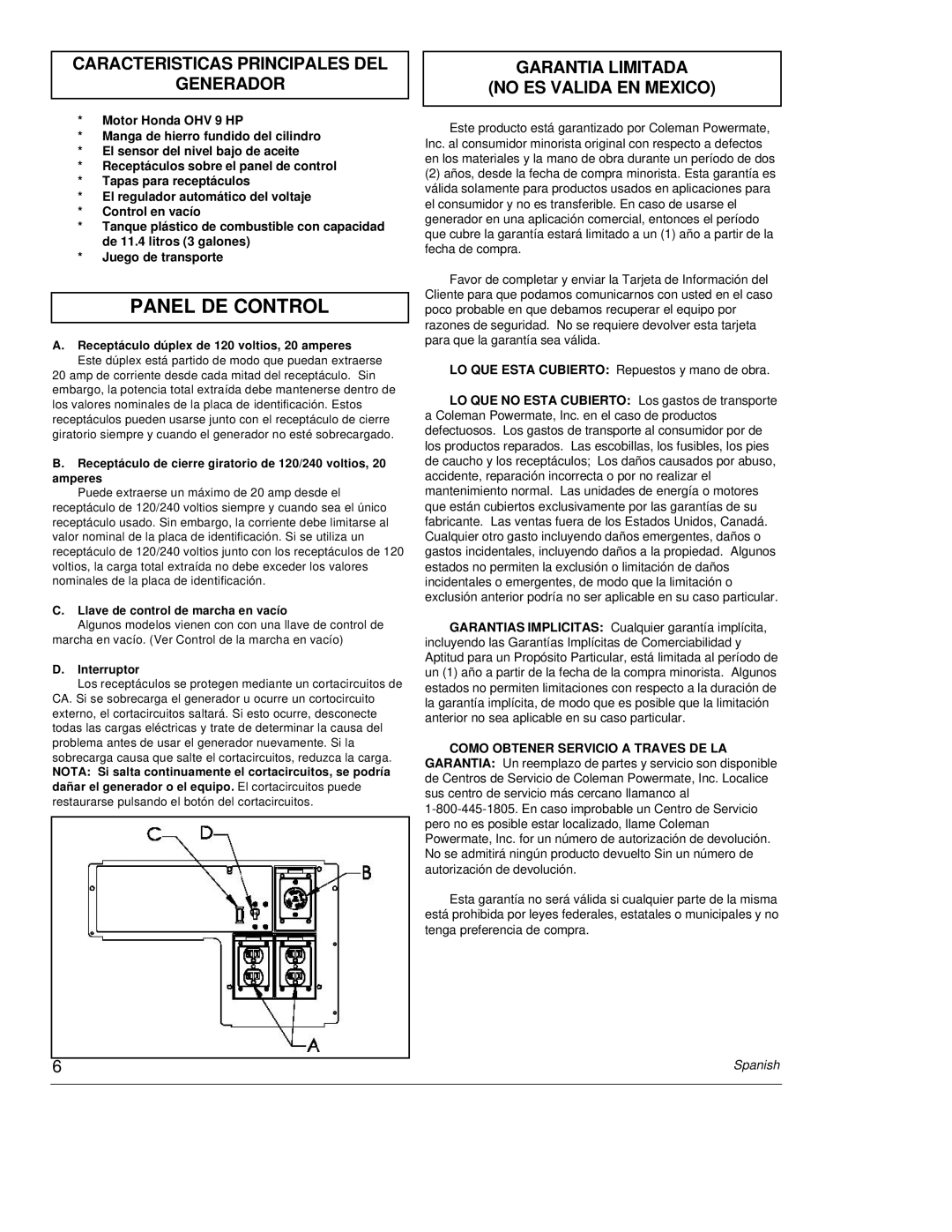 Powermate PC0464500 Panel DE Control, Caracteristicas Principales DEL Generador, Garantia Limitada No ES Valida EN Mexico 