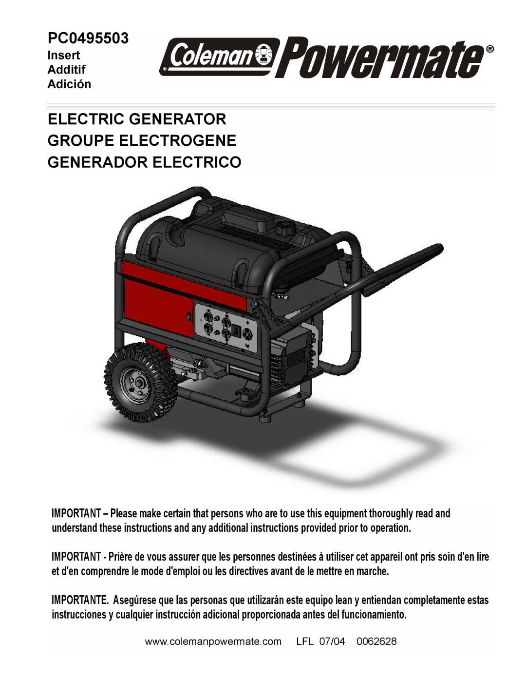 Powermate PC0495503 manual Electric Generator Groupe Electrogene, Generador Electrico, Insert Additif Adición 