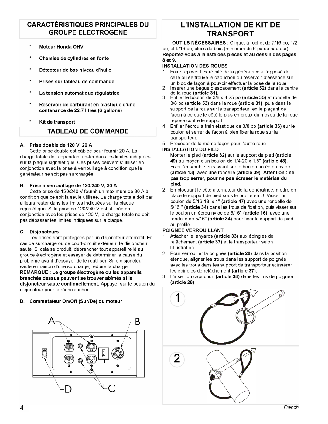 Powermate PC0495503 manual Linstallation De Kit De Transport, Caractéristiques Principales Du, Groupe Electrogene, French 