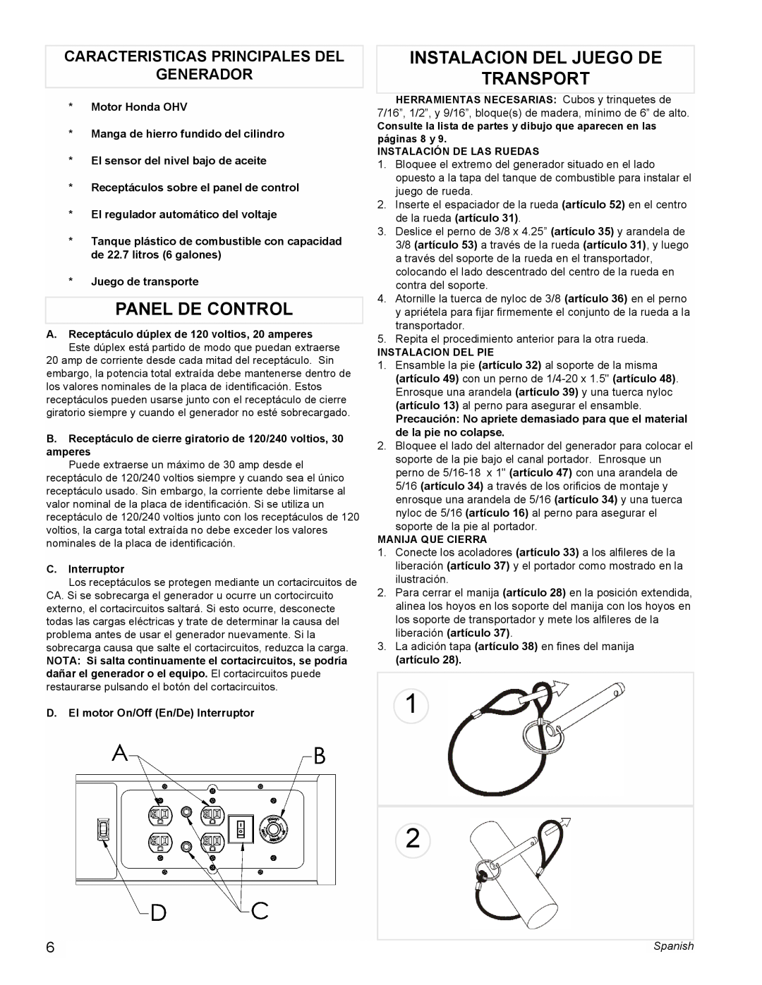 Powermate PC0495503 manual Panel De Control, Instalacion Del Juego De Transport, Caracteristicas Principales Del Generador 