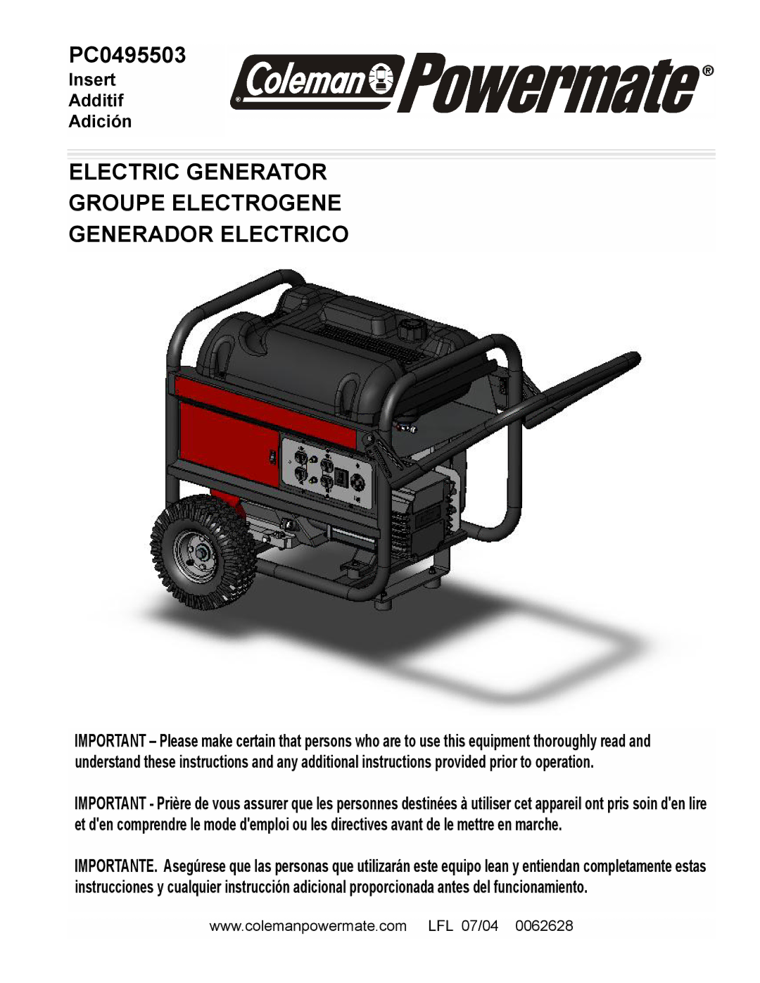 Powermate PC0495503 manual Electric Generator Groupe Electrogene Generador Electrico 