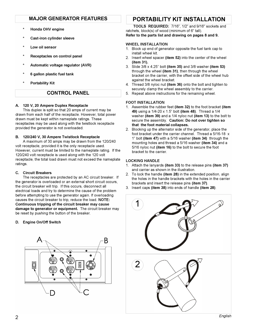 Powermate PC0495503 manual Portability KIT Installation, Major Generator Features, Control Panel 