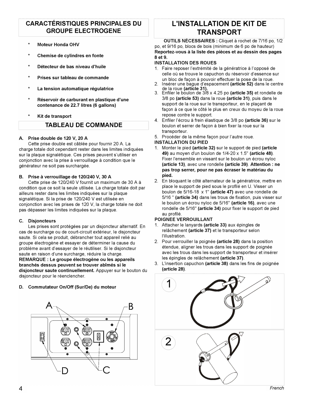 Powermate PC0495503 manual Linstallation DE KIT DE Transport, Caractéristiques Principales DU Groupe Electrogene 