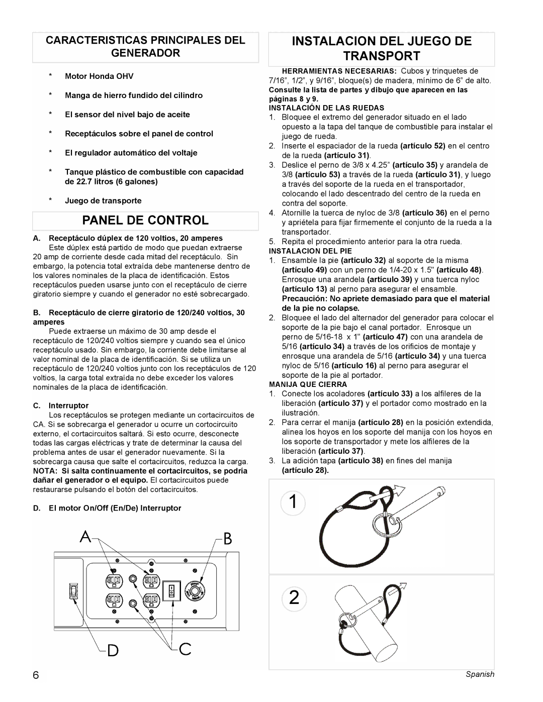 Powermate PC0495503 manual Panel DE Control, Instalacion DEL Juego DE Transport, Caracteristicas Principales DEL Generador 