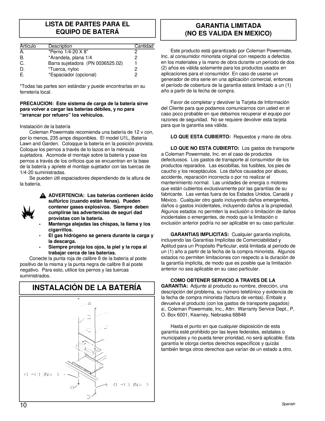 Powermate PC0496503.17 manual Instalación De La Batería, Lista De Partes Para El Equipo De Baterá 