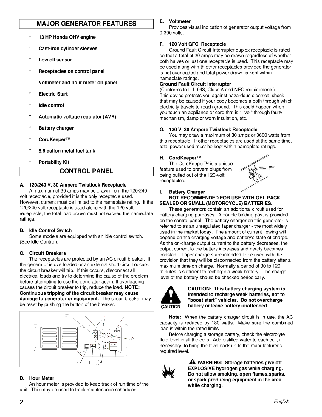 Powermate PC0496503.17 manual Major Generator Features, Control Panel 