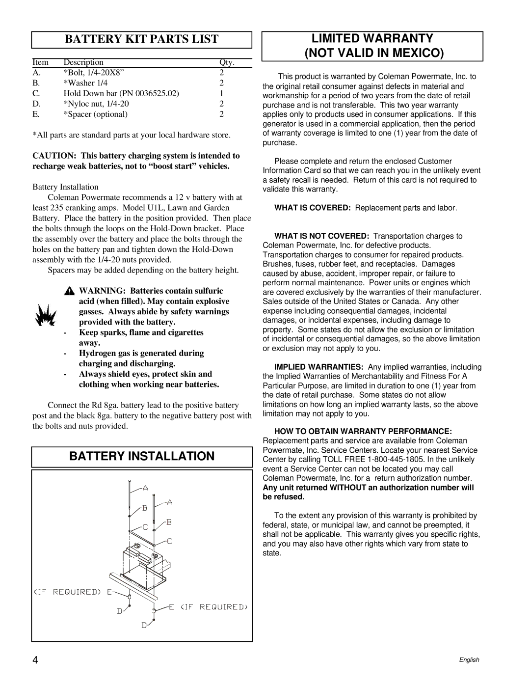 Powermate PC0496503.17 manual Battery KIT Parts List, Battery Installation Limited Warranty not Valid in Mexico 