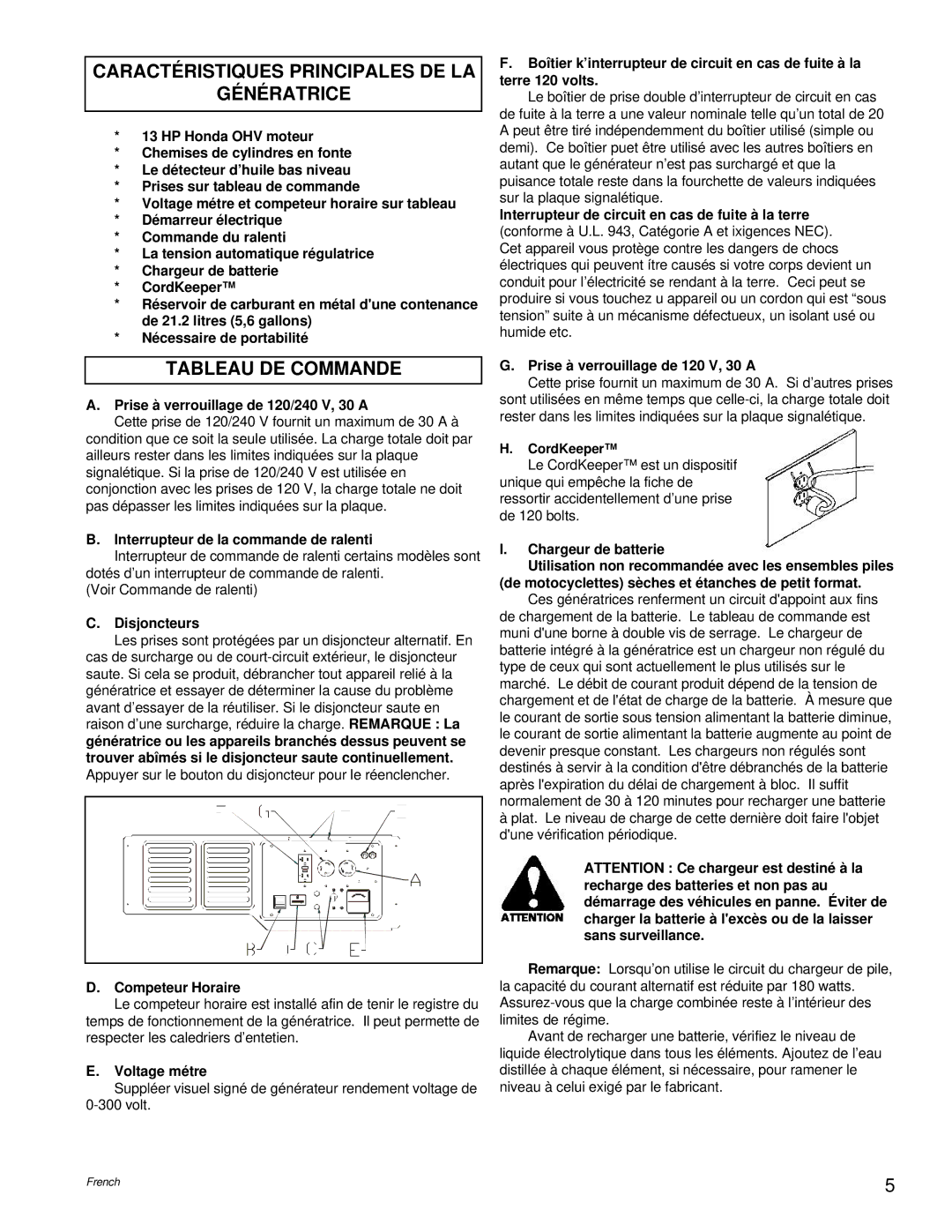 Powermate PC0496503.17 manual Caractéristiques Principales DE LA Génératrice, Tableau DE Commande 