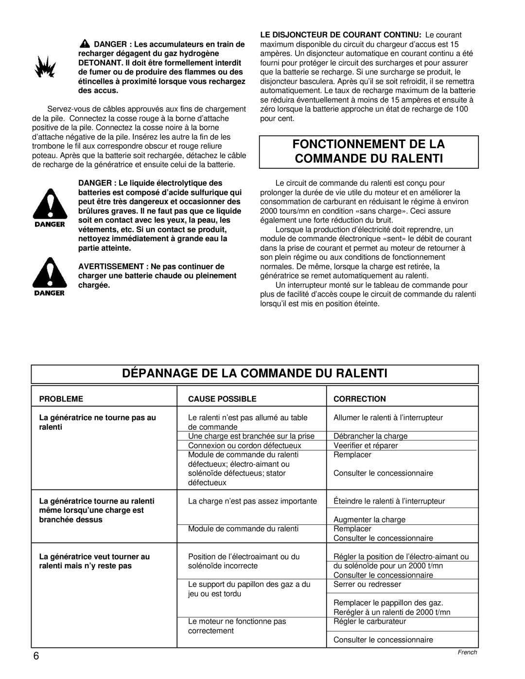 Powermate PC0496503.17 manual Fonctionnement DE LA Commande DU Ralenti, Dépannage DE LA Commande DU Ralenti, Probleme 