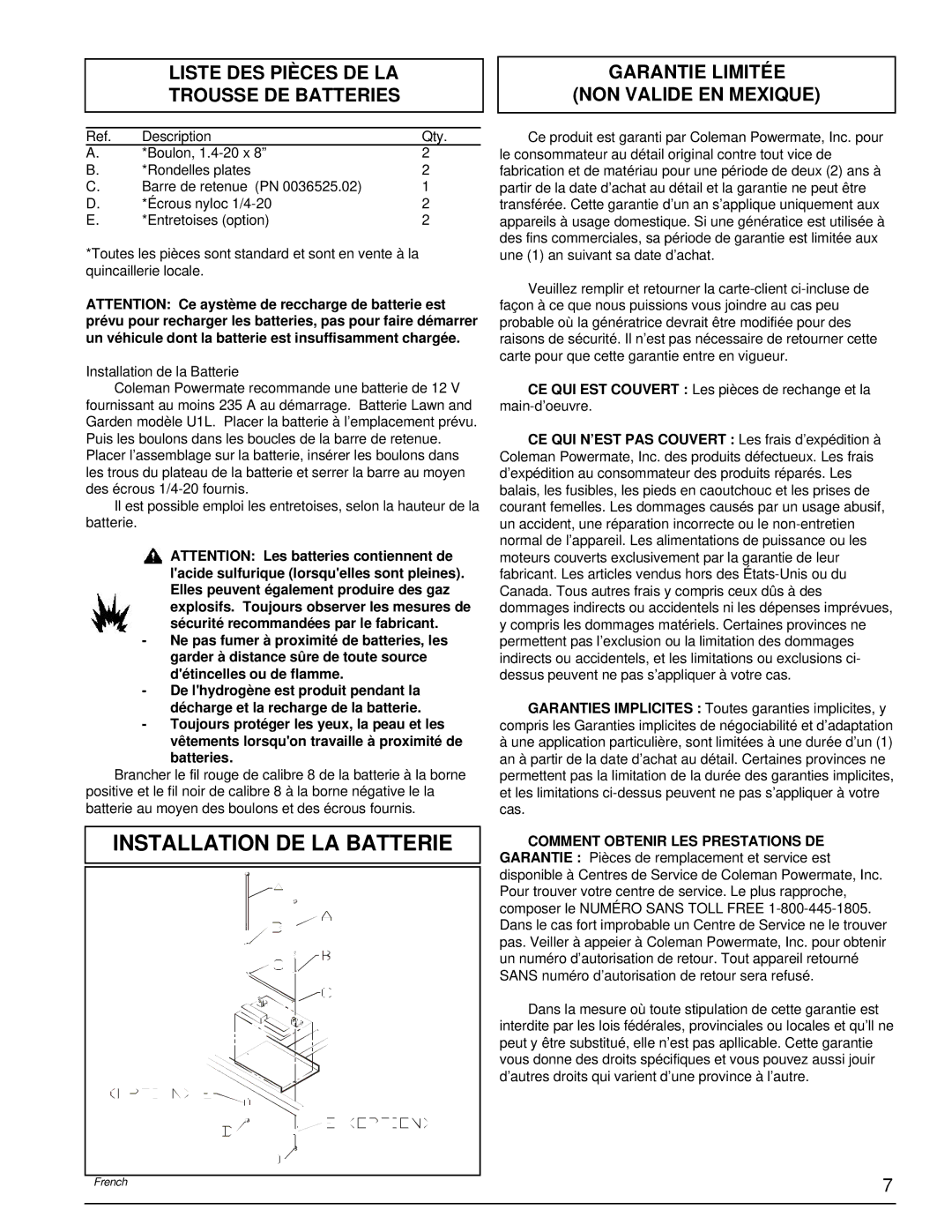 Powermate PC0496503.17 manual Installation DE LA Batterie, Liste DES Pièces DE LA Trousse DE Batteries 