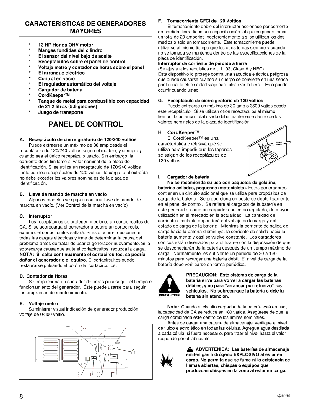 Powermate PC0496503.17 manual Panel DE Control, Características DE Generadores Mayores 