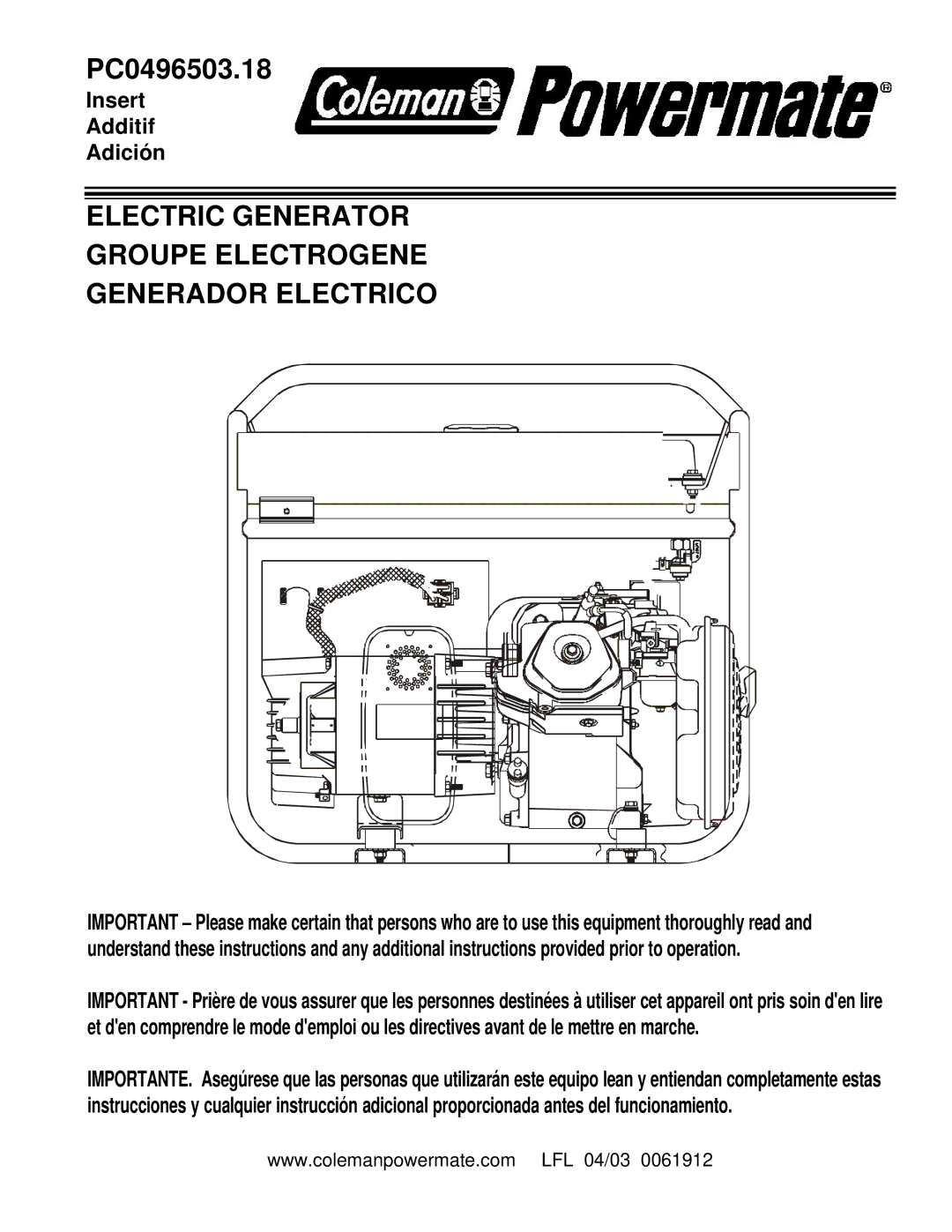 Powermate PC0496503.18 manual Electric Generator Groupe Electrogene Generador Electrico 