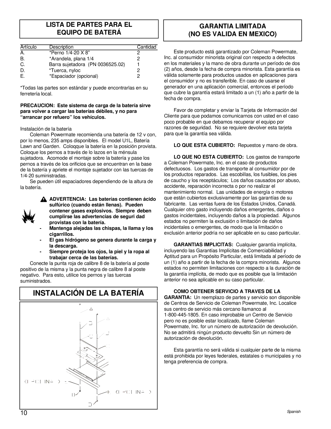 Powermate PC0496503.18 manual Instalación DE LA Batería, Lista DE Partes Para EL Equipo DE Baterá 