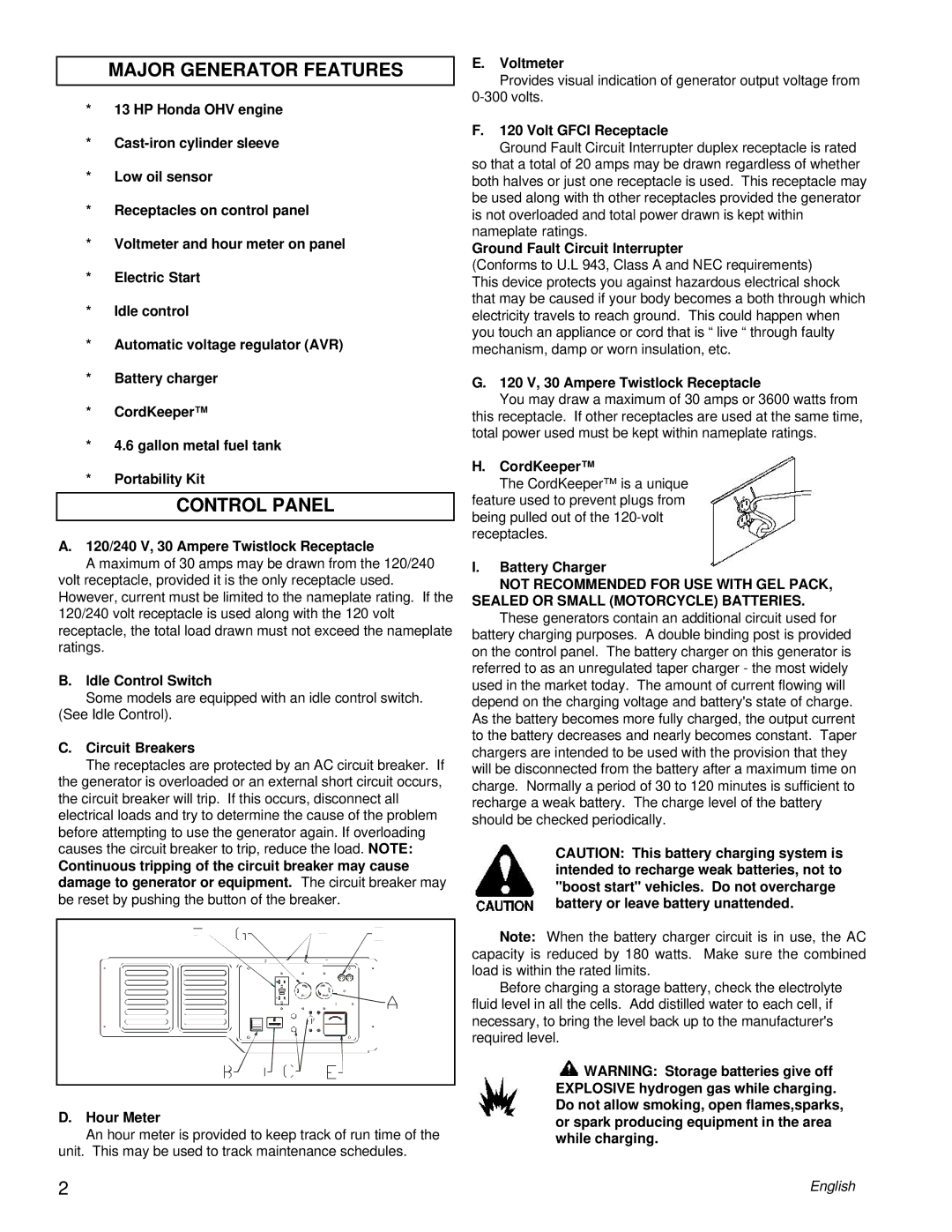 Powermate PC0496503.18 manual Major Generator Features, Control Panel 