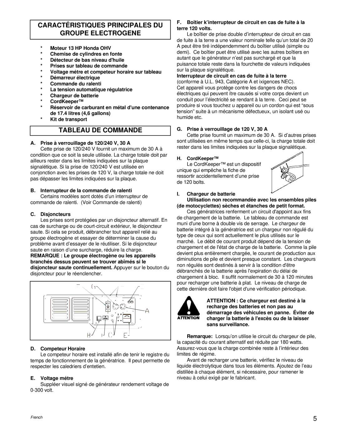 Powermate PC0496503.18 manual Caractéristiques Principales DU Groupe Electrogene, Tableau DE Commande, Disjoncteurs 