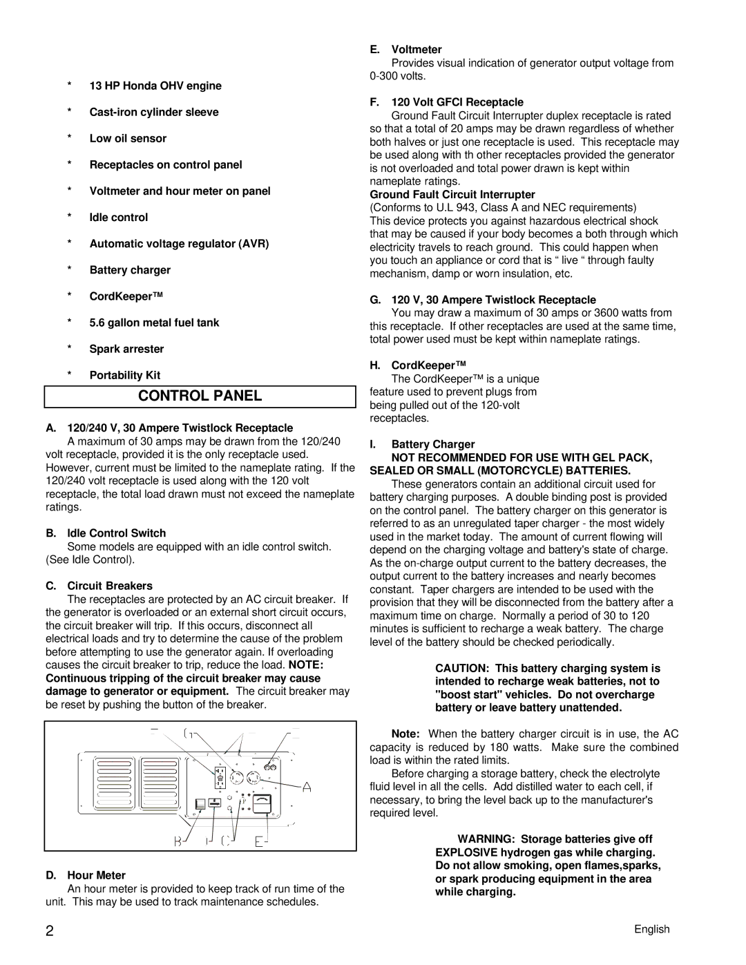 Powermate PC0496504.17 manual Major Generator Features, Control Panel 