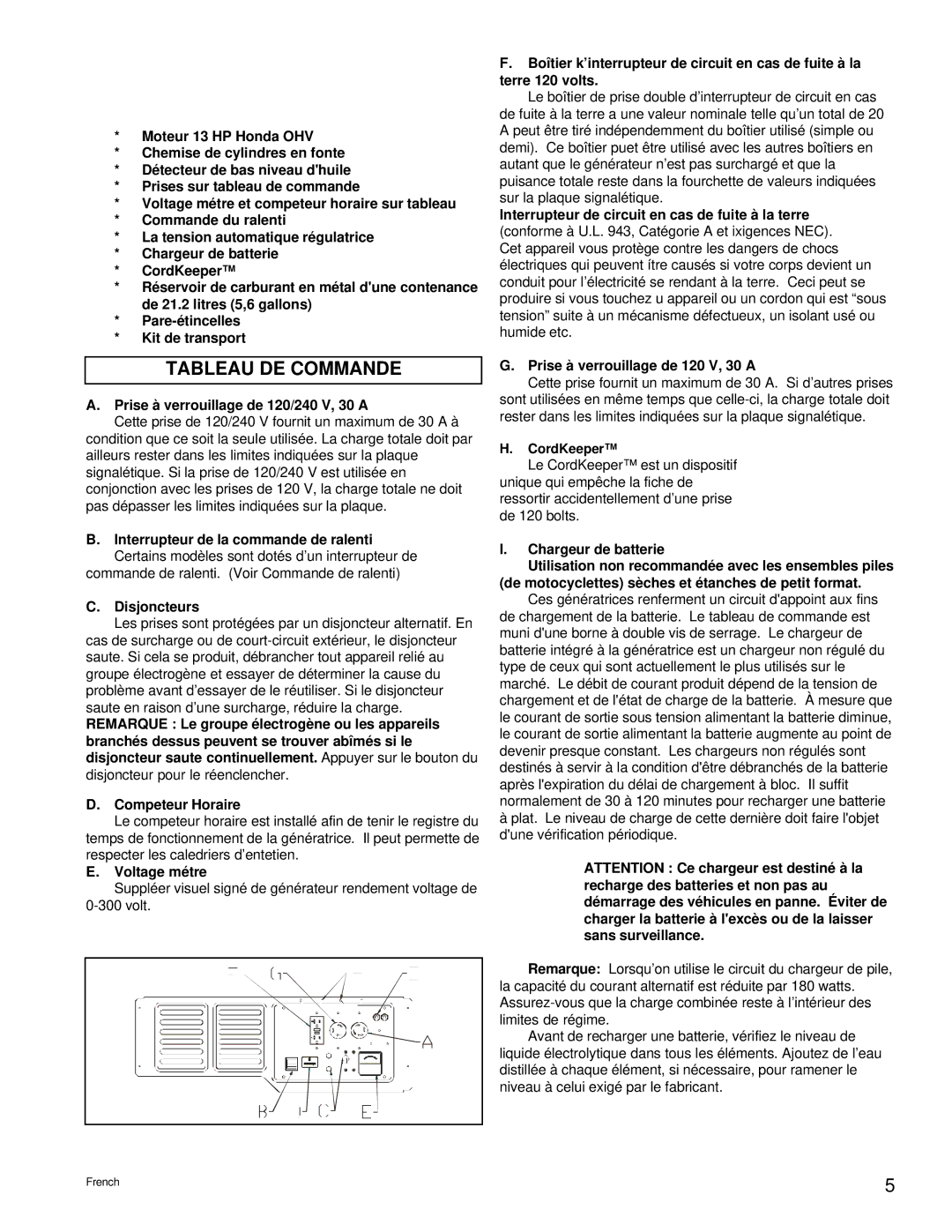 Powermate PC0496504.17 manual Caractéristiques Principales DU Groupe Electrogene, Tableau DE Commande, Disjoncteurs 