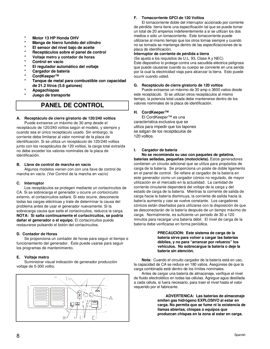 Powermate PC0496504.17 manual Panel DE Control, Caracteristicas Principales DEL Generador 