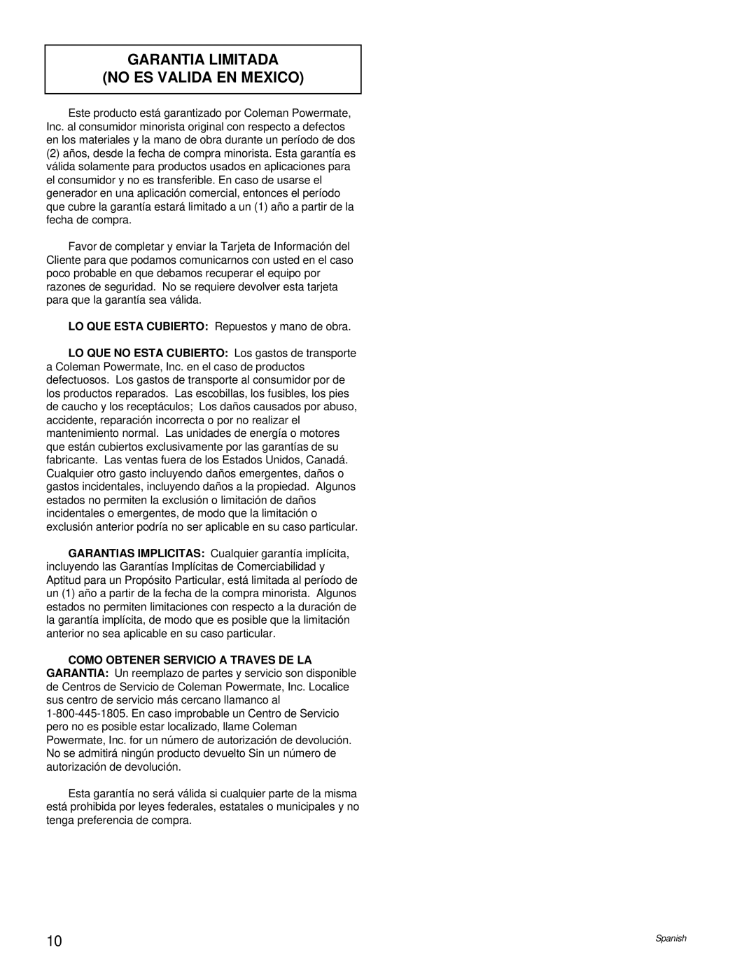 Powermate PC0496504.18 manual Garantia Limitada No Es Valida En Mexico 