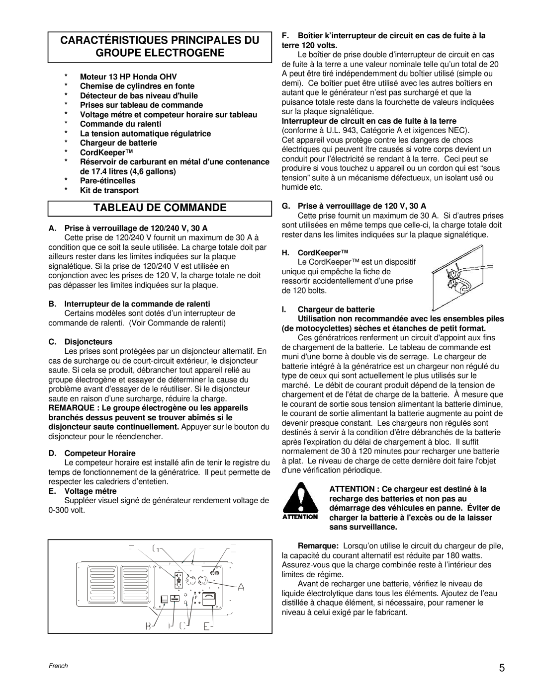 Powermate PC0496504.18 manual Caractéristiques Principales Du Groupe Electrogene, Tableau De Commande 
