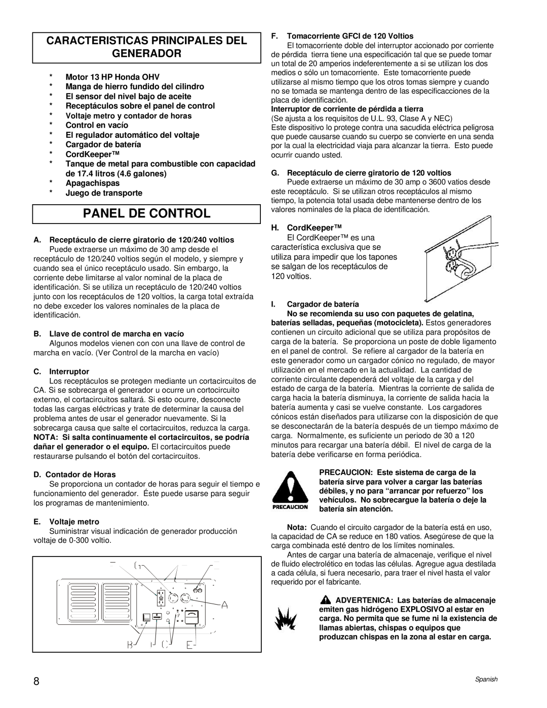 Powermate PC0496504.18 manual Panel De Control, Caracteristicas Principales Del Generador 