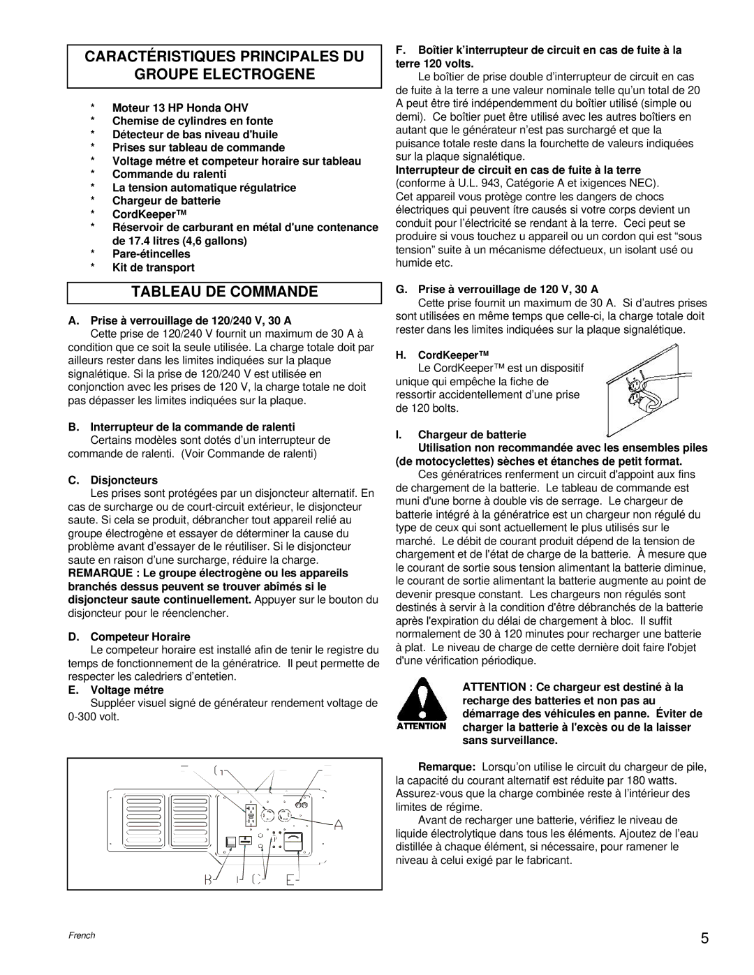 Powermate PC0496504.18 manual Caractéristiques Principales DU Groupe Electrogene, Tableau DE Commande, Disjoncteurs 